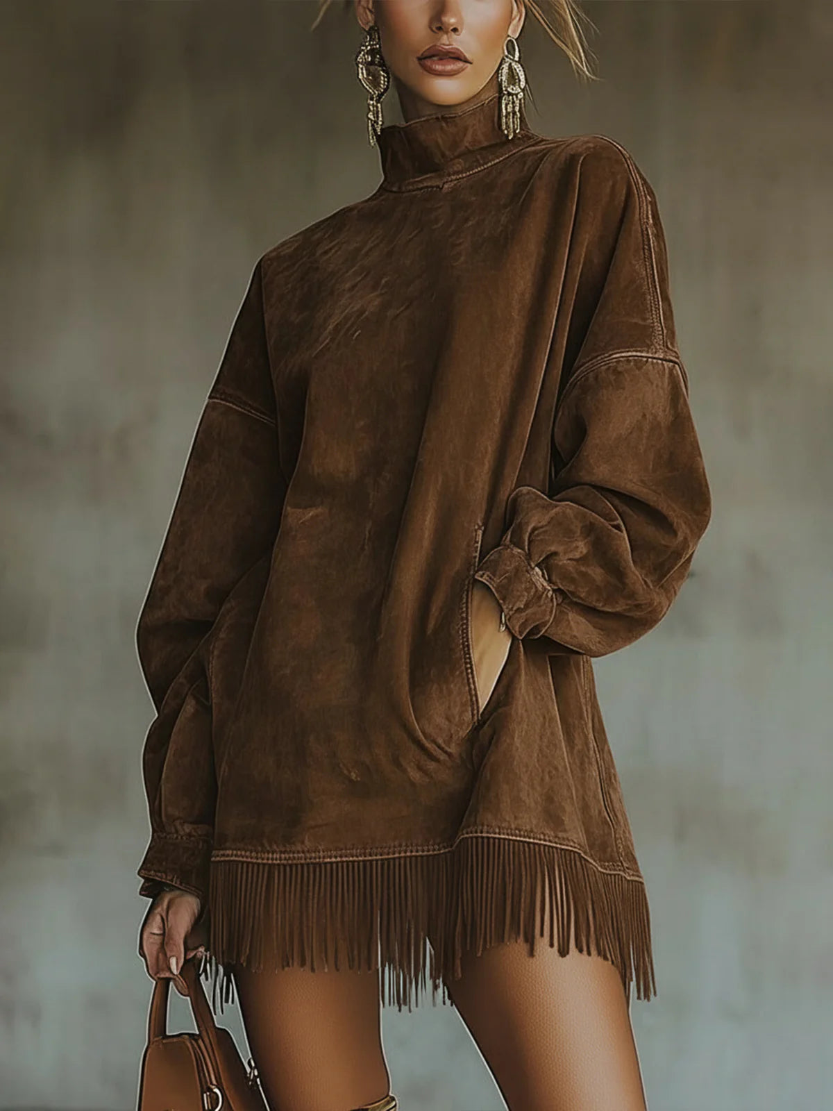 Gabrielle | High-Neck Faux Suede Fringe Dress