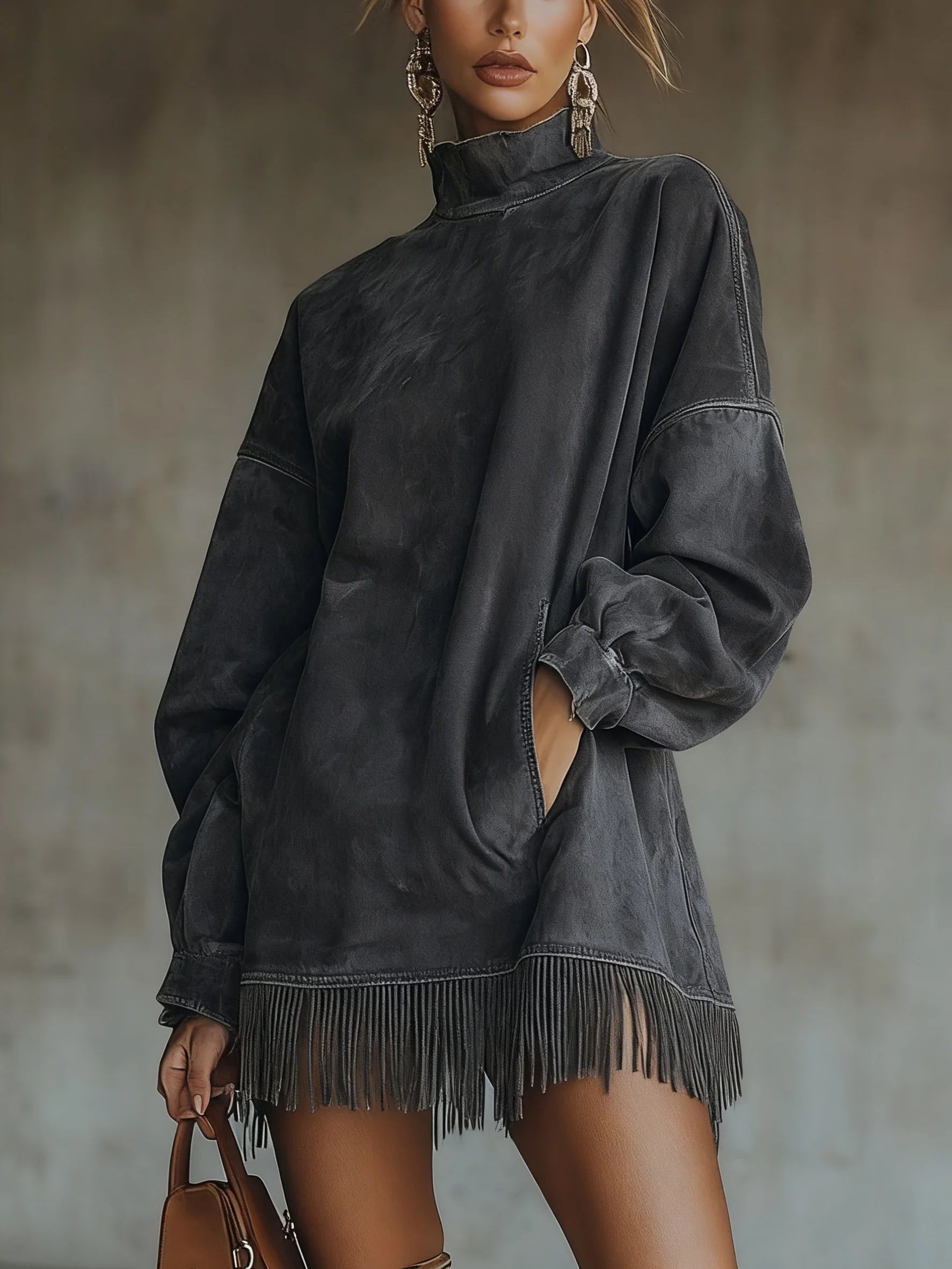 Gabrielle | High-Neck Faux Suede Fringe Dress