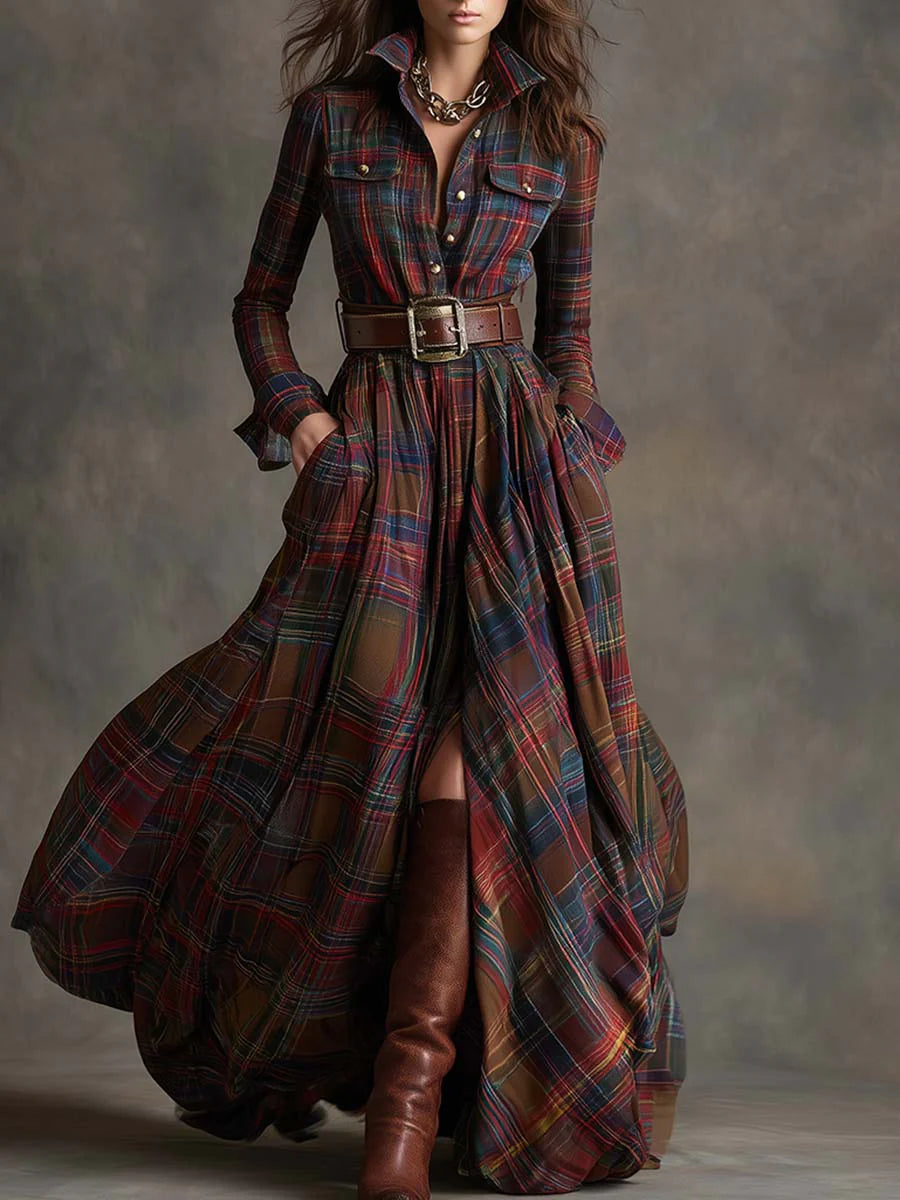 Beatrice | Maxi Check Dress with Waist Belt