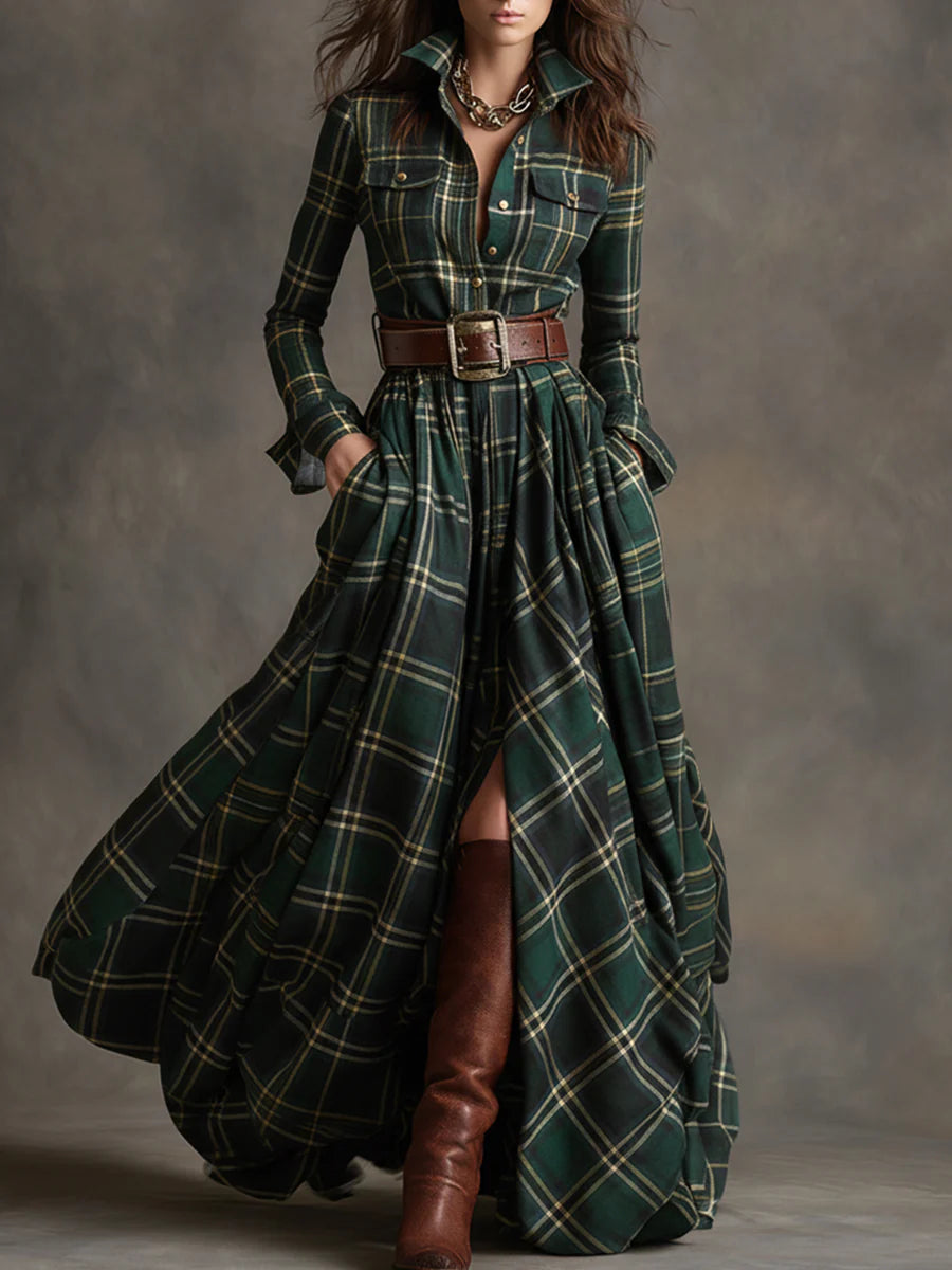 Beatrice | Maxi Check Dress with Waist Belt