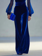 Sabrina™ | Long Royal Velvet Jumpsuit with V-Neck and Sheer Long Sleeves