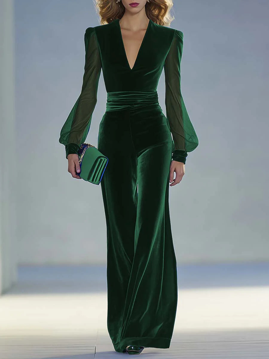 Sabrina™ | Long Royal Velvet Jumpsuit with V-Neck and Sheer Long Sleeves