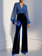 Zara | Long Velvet Jumpsuit with V-Neck and Sheer Blue Sleeves