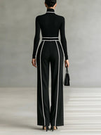 REFINED HIGH-NECK TOP & WIDE-LEG PANTS SET (FREE BELT)